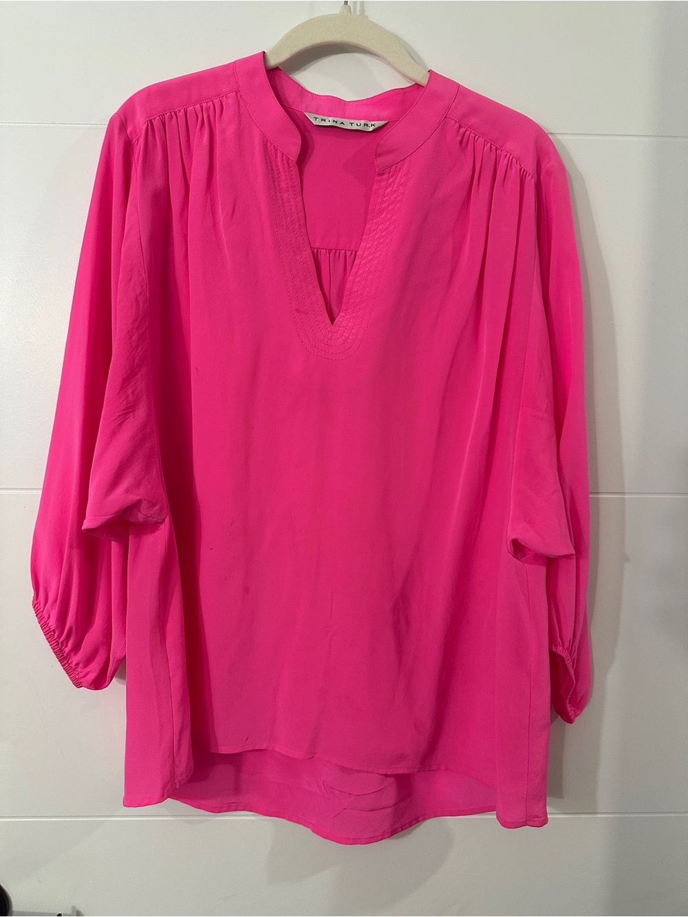 Trina Turk Bright Hot Pink Split V-Neck Blouse